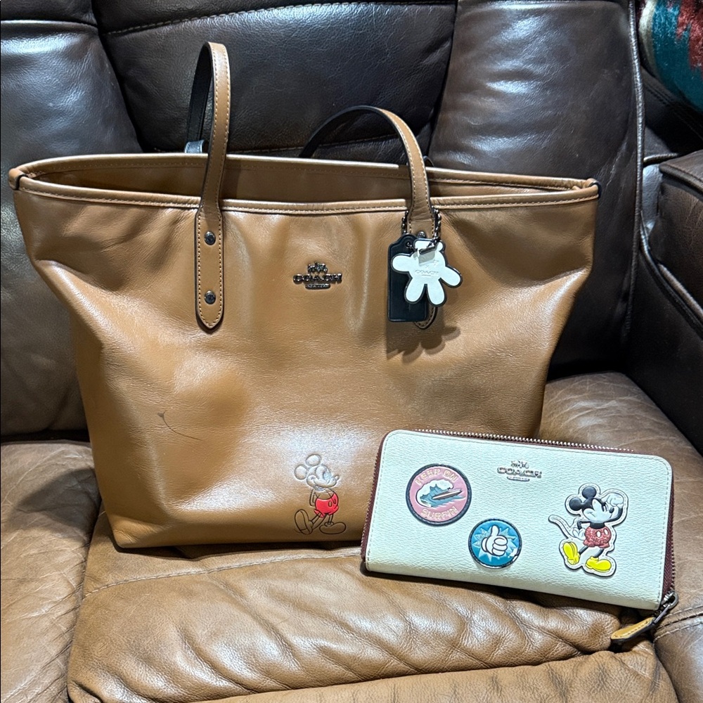 Coach Tan Leather Tote with Mickey Charm and Patch Wallet